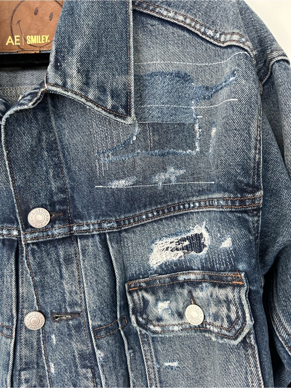 AE Special Edition Smiley Distressed Patchwork Oversized Denim Jacket Size Small - Picture 2 of 6